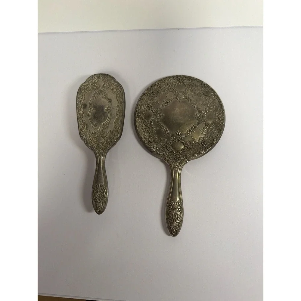 Vintage Ornate‎ Silver Plated Repousse Rose Vanity Hand Mirror and Brush Set